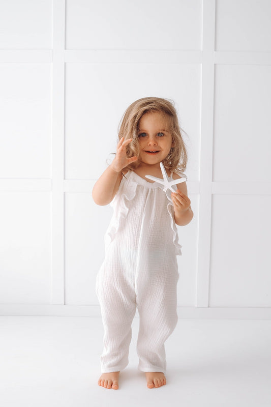 Muslin long leg romper with ruffles - pure white