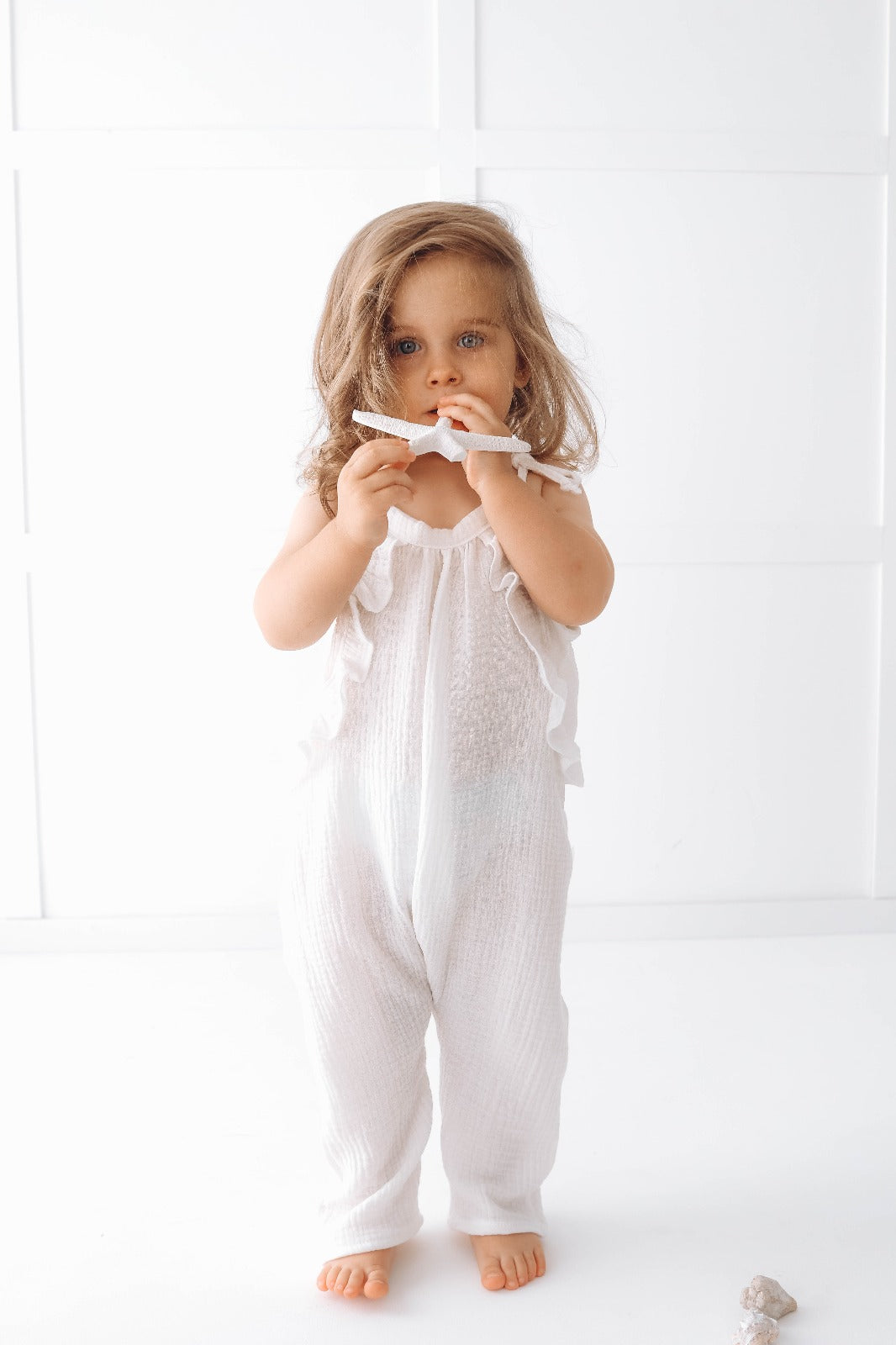 Muslin long leg romper with ruffles - pure white