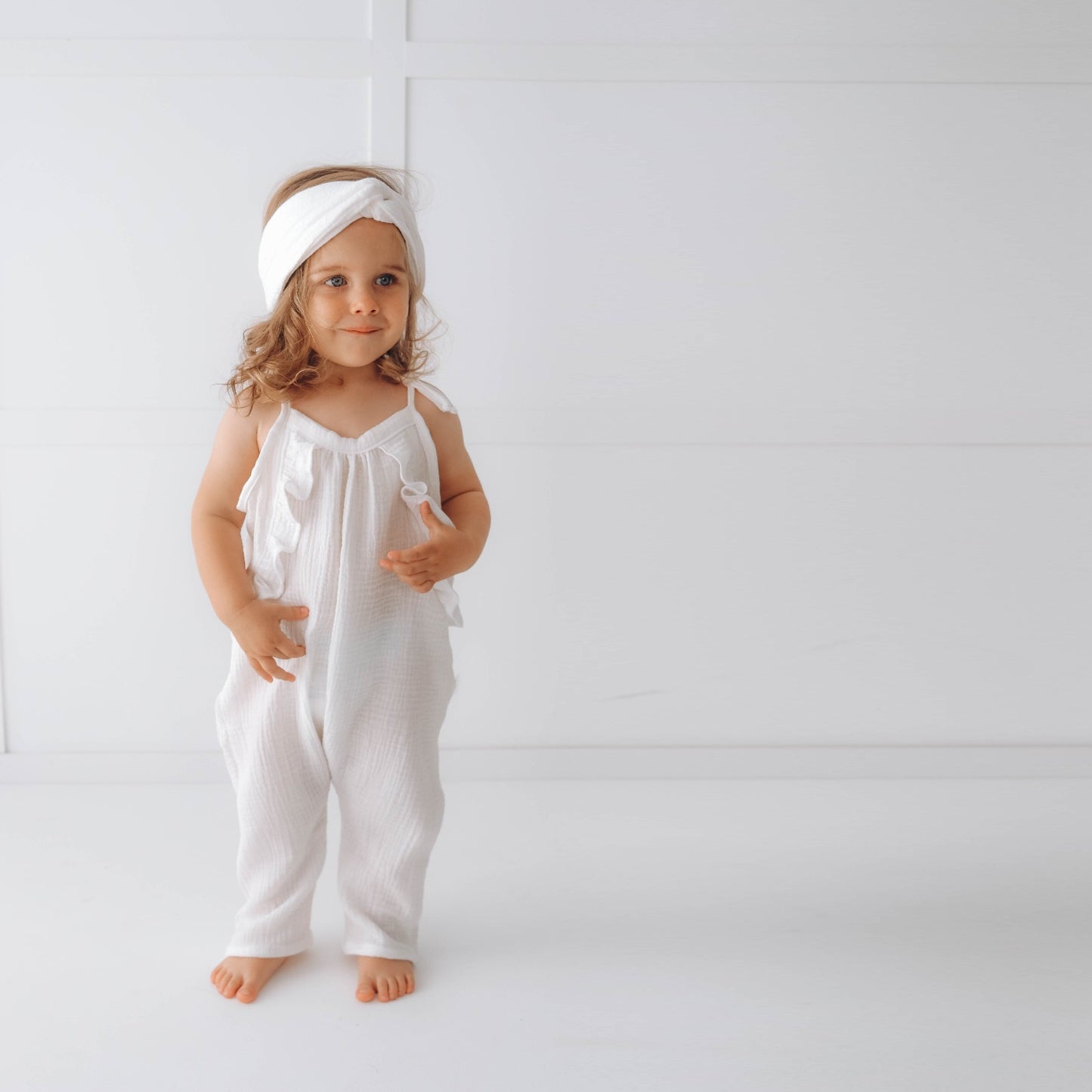 Muslin long leg romper with ruffles - pure white
