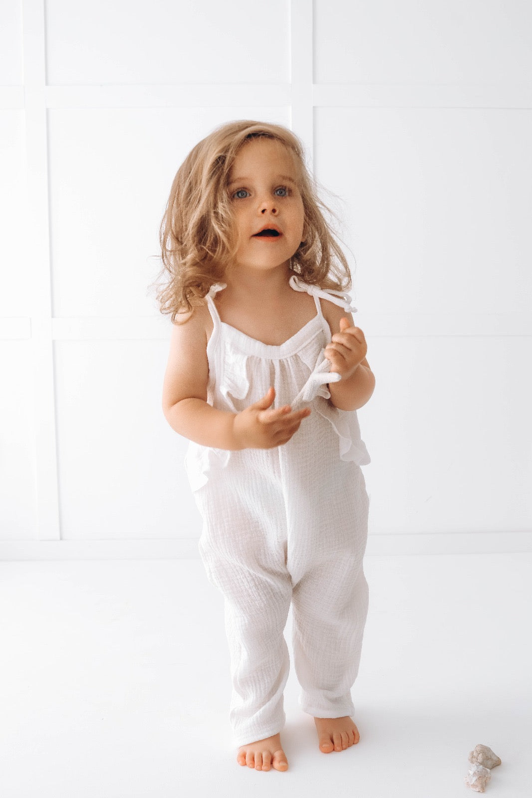 Muslin long leg romper with ruffles - pure white