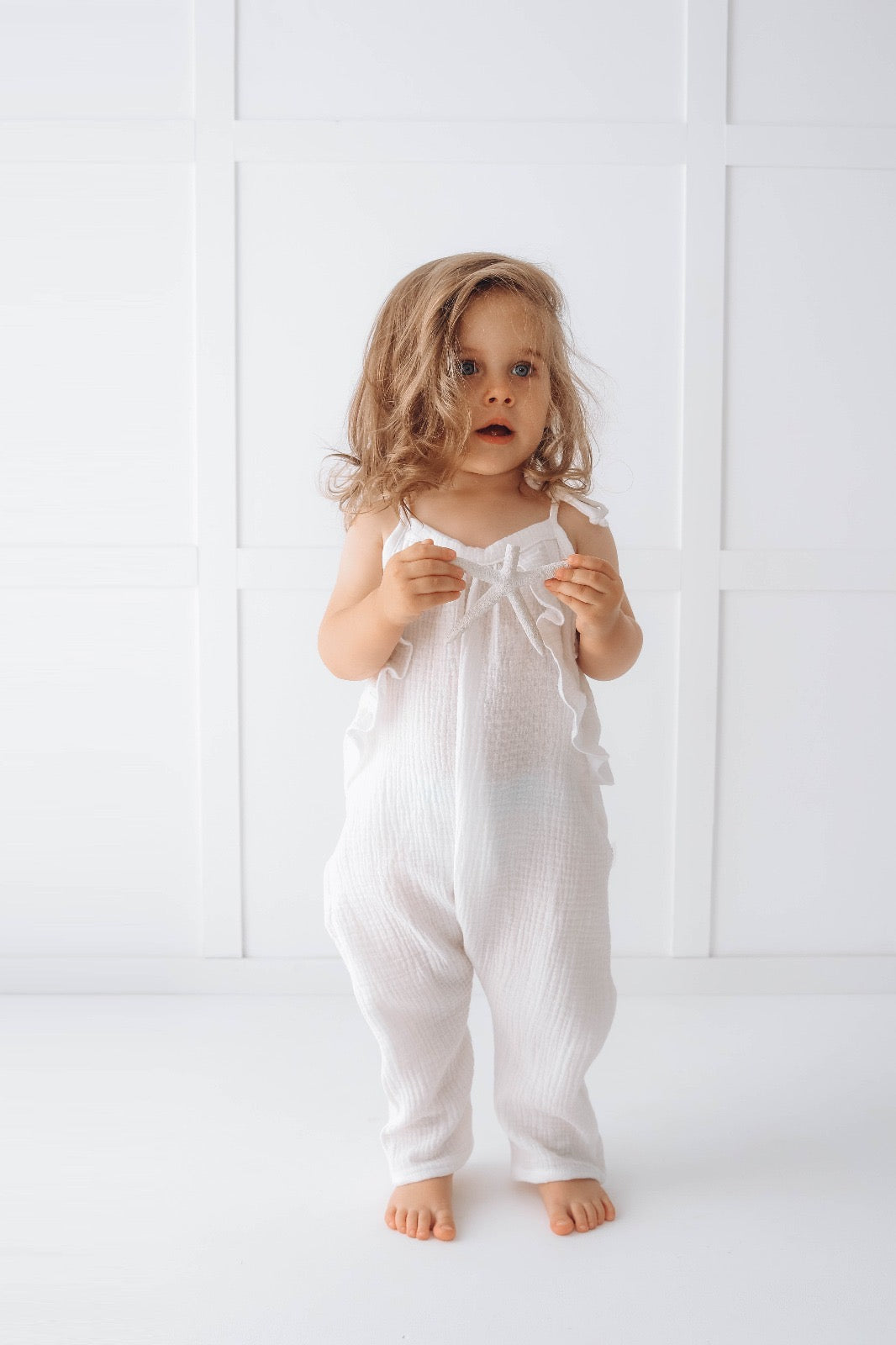 Muslin long leg romper with ruffles - pure white