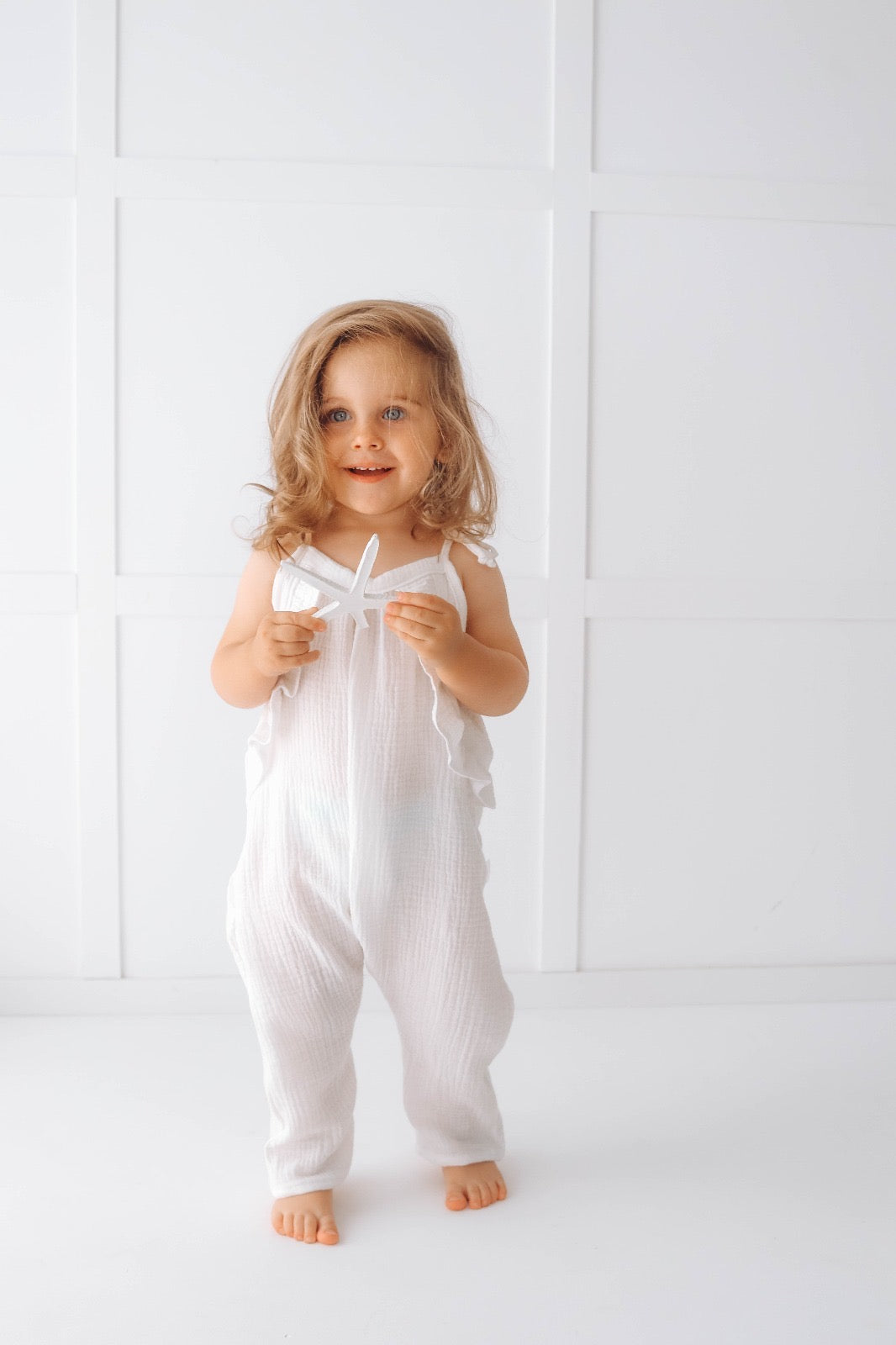 Muslin long leg romper with ruffles - pure white