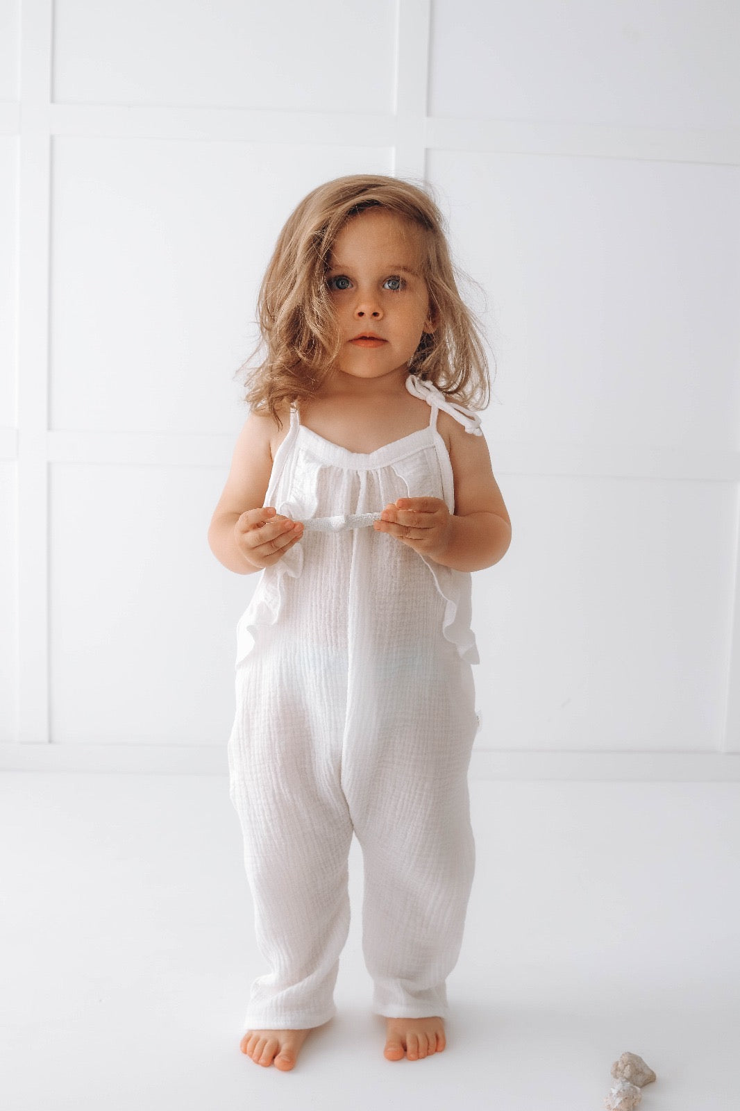 Muslin long leg romper with ruffles - pure white