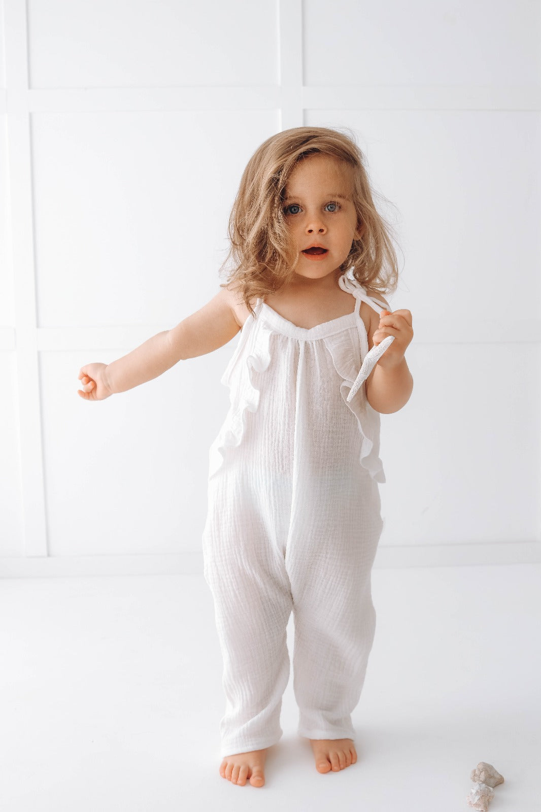 Muslin long leg romper with ruffles - pure white