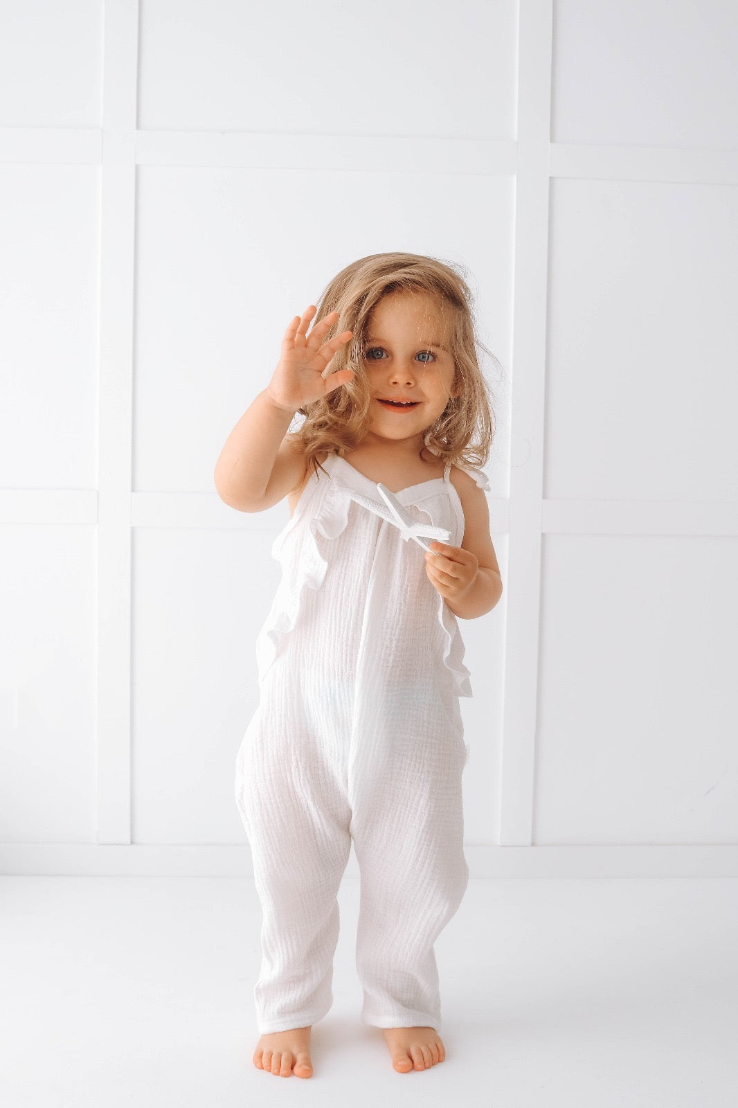 Muslin long leg romper with ruffles - pure white