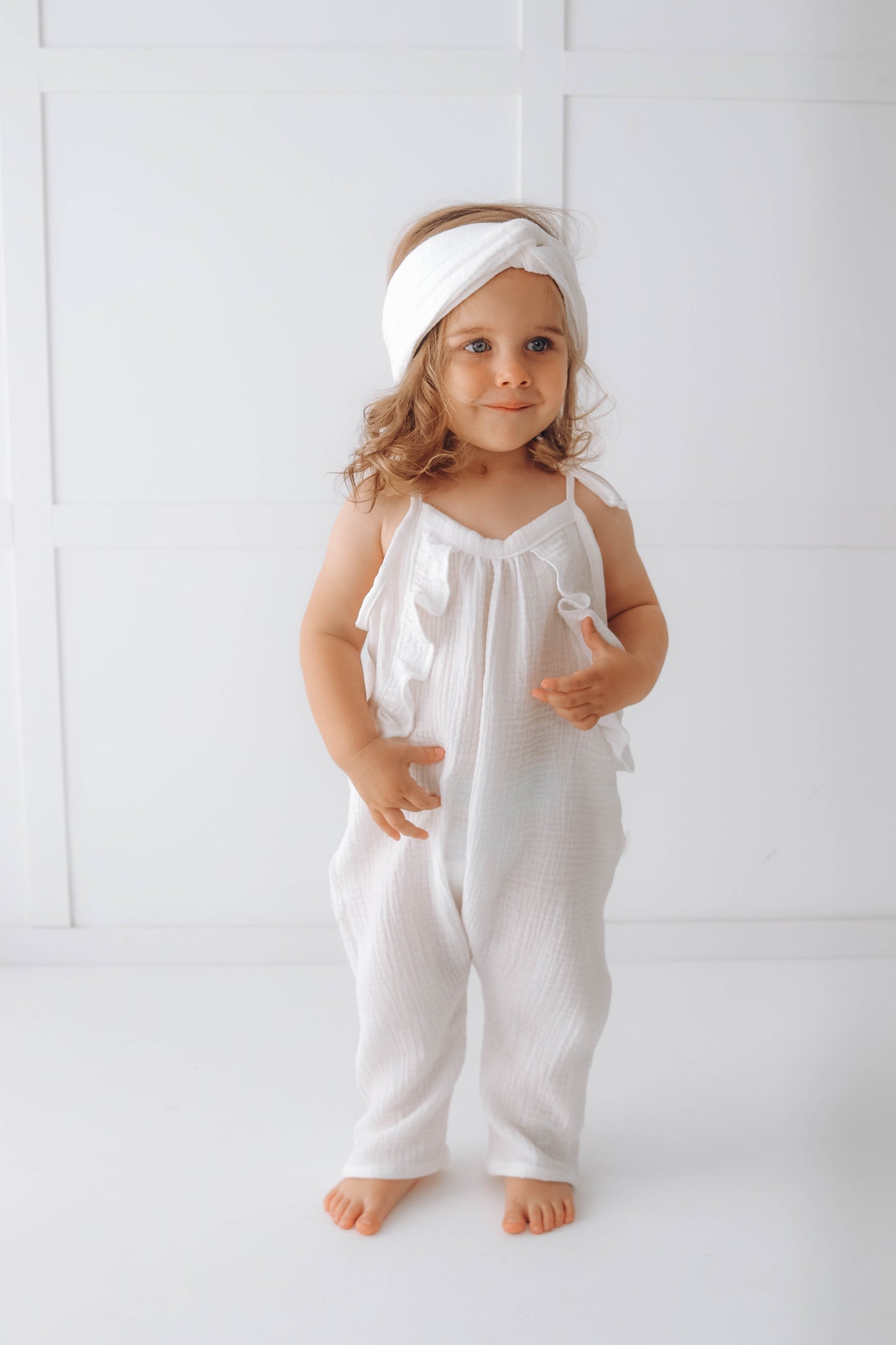 Muslin long leg romper with ruffles - pure white