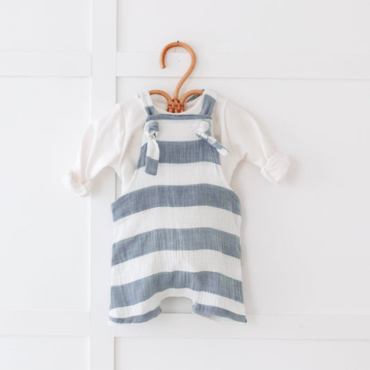 Blue Stipe Muslin short leg dungarees